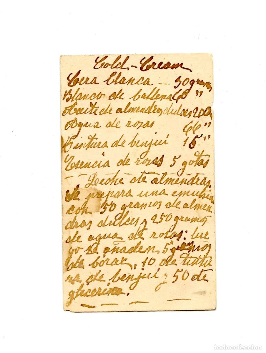 Documentos antiguos: Tarjeta con receta manuscrita de Cold - Cream para el pelo. (sin fecha, posib. inicios s. XX)