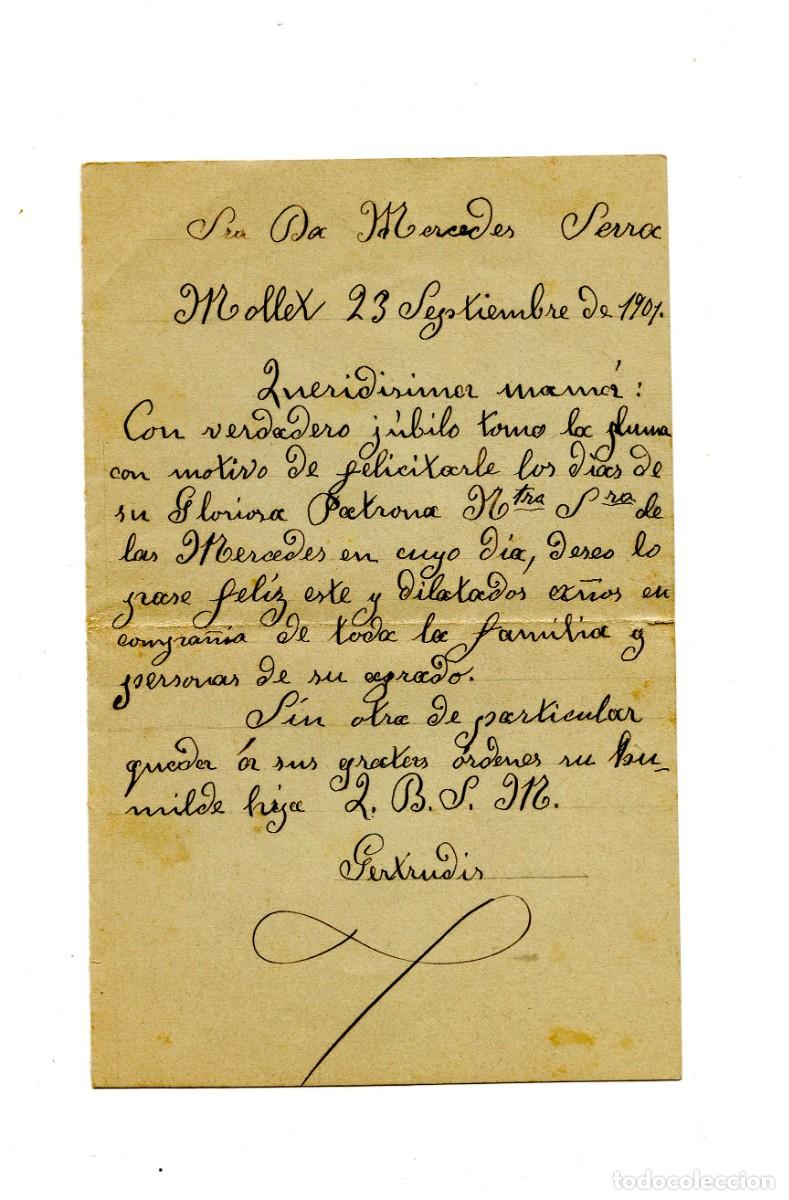 Documentos antiguos: Felicitaci&oacute;n manuscrita de Gertrudis a su mam&aacute; en el d&iacute;a de su santo. Septiembre de 1901
