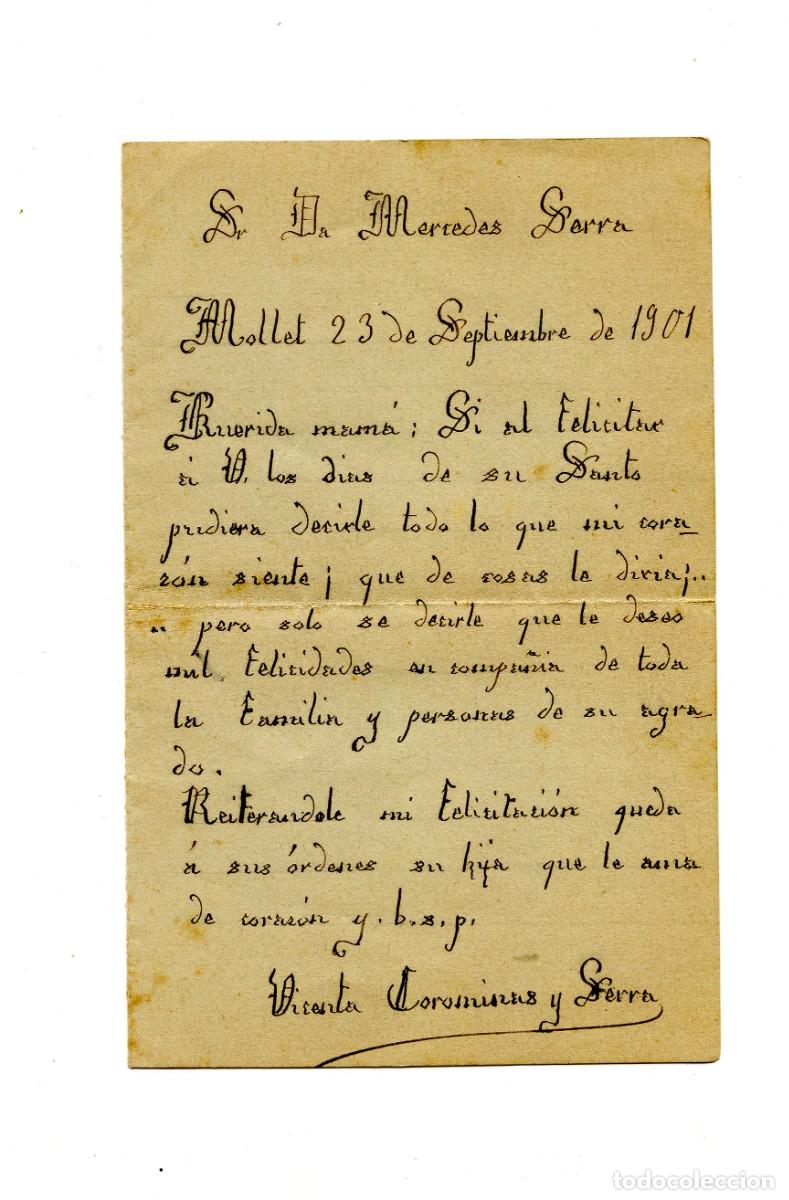 Documentos antiguos: Felicitaci&oacute;n manuscrita de Vicenta a su mam&aacute; en el d&iacute;a de su santo. Septiembre de 1901.