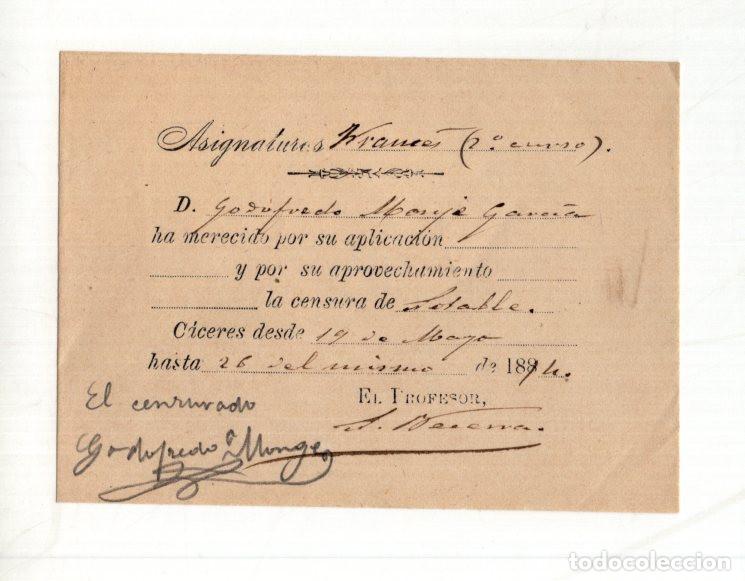 Documenti antichi: VALE ESCOLAR DE 1894 (C&Aacute;CERES). EXCELENTE CALIGRAF&Iacute;A, IDEAL COLECCIONISTAS E HISTORIA EDUCATIVA.