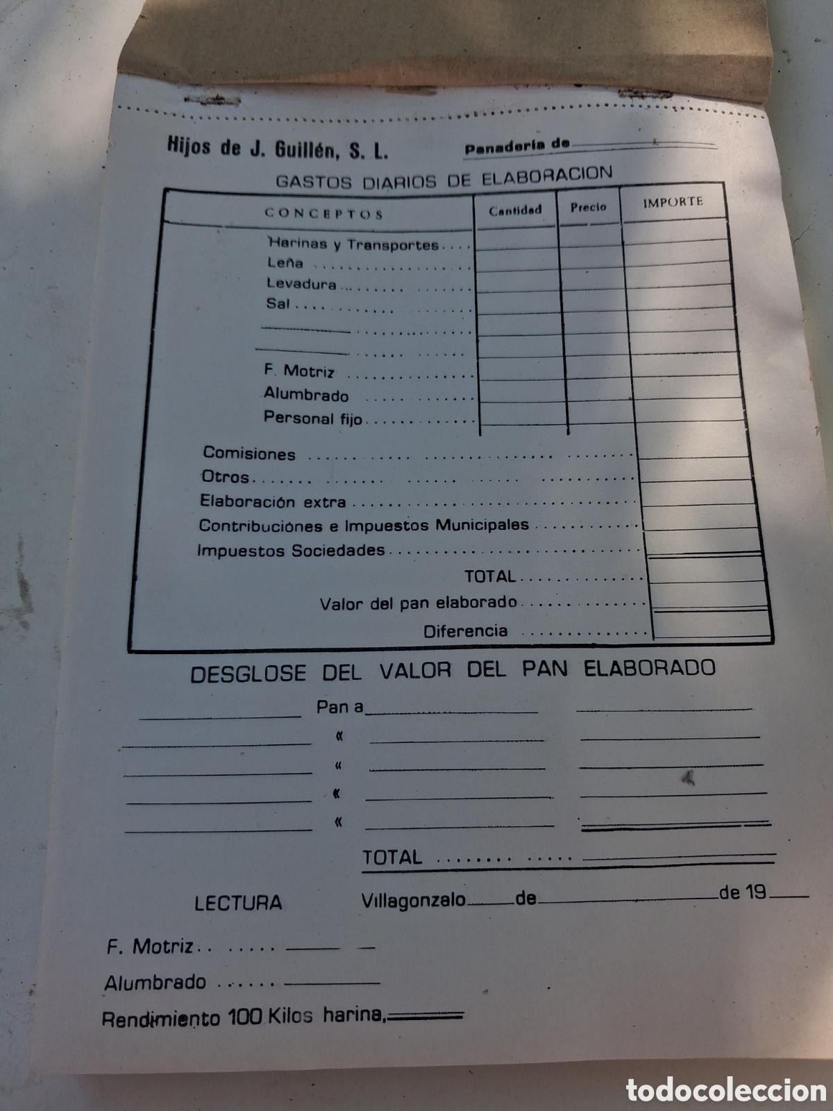Documentos antiguos: BLOK DE HOJAS DE COSTOS DE PRODUCCI&Oacute;N DIARIA DE PAN