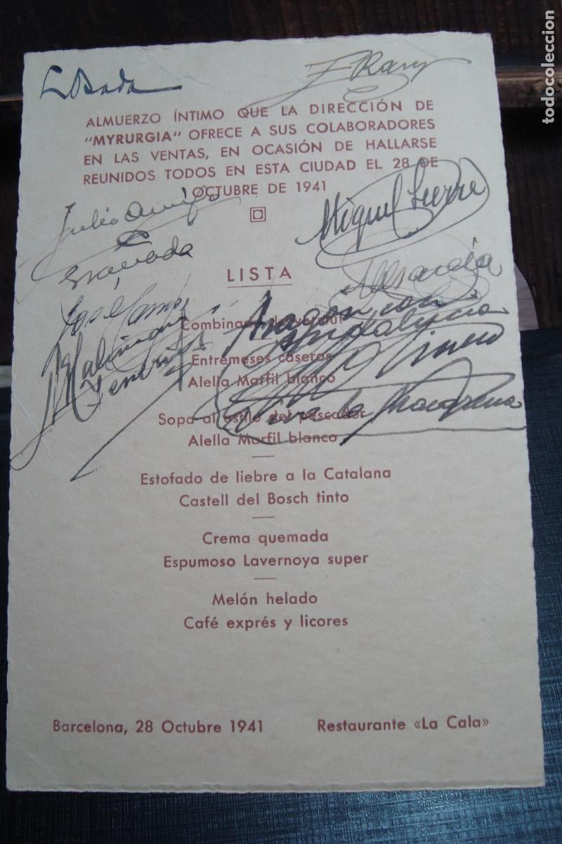 Documentos antiguos: ANTIGUO MENU ALMUERZO COLABORADORES MYRURGIA S.A PERFUMERIA. RESTARURANTE LA CALA BARCELONA 1941