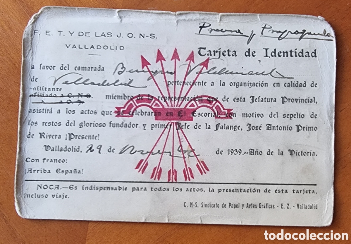 Documentos antiguos: Carnet Falange Espa&ntilde;ola 1939 Guerra Civil ved foto R10233