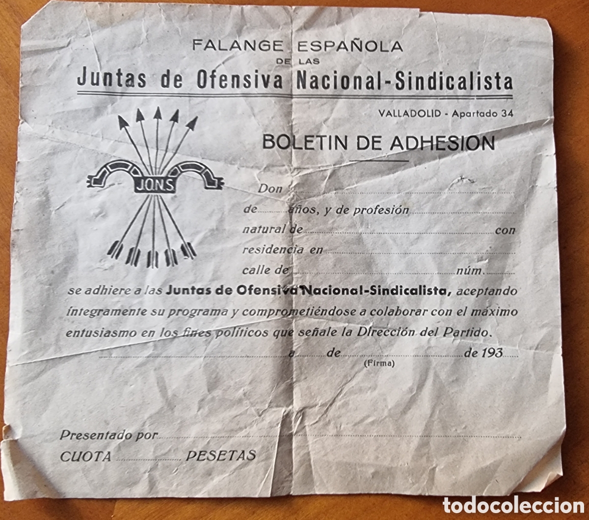 Documentos antiguos: Guerra civil Falange de las Jons bolet&iacute;n adhesi&oacute;n gran documento original R10244