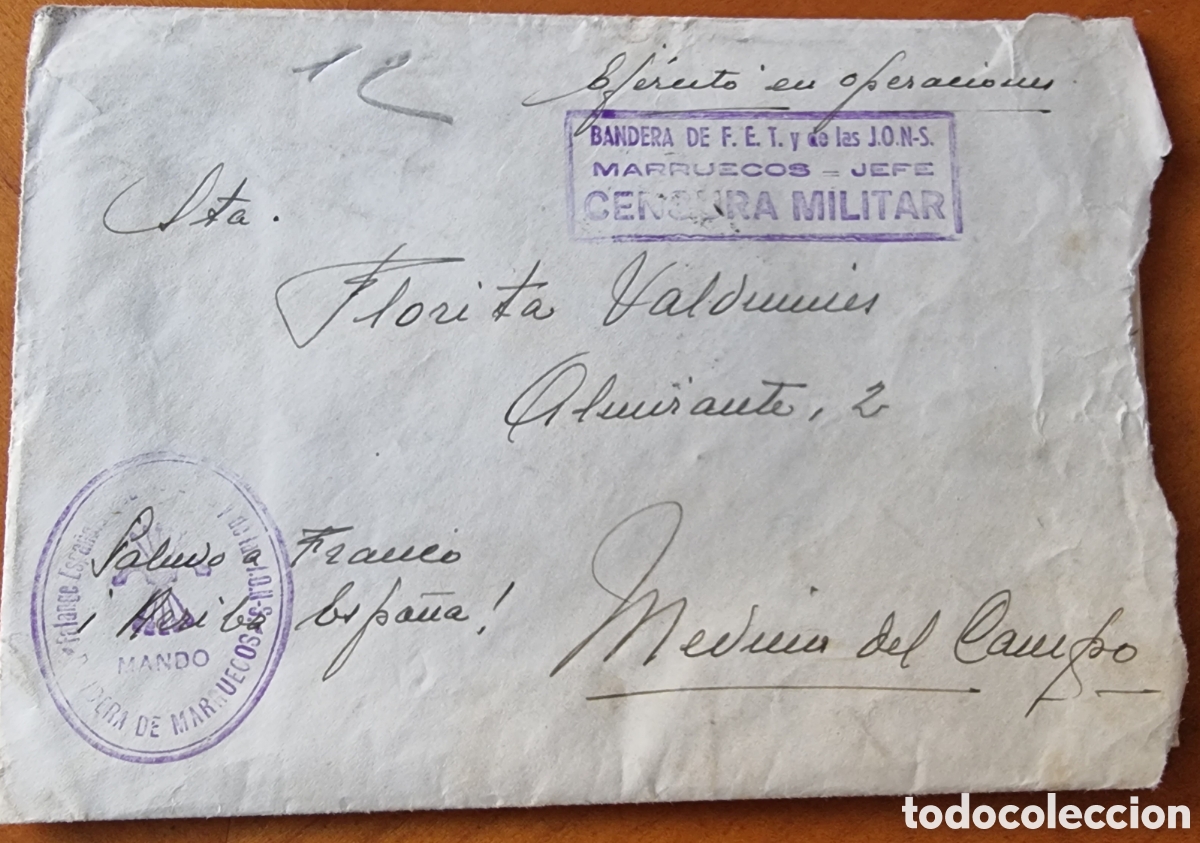 Documentos antiguos: Sobre Guerra Civil censura Bandera de Marruecos con carta original R10245