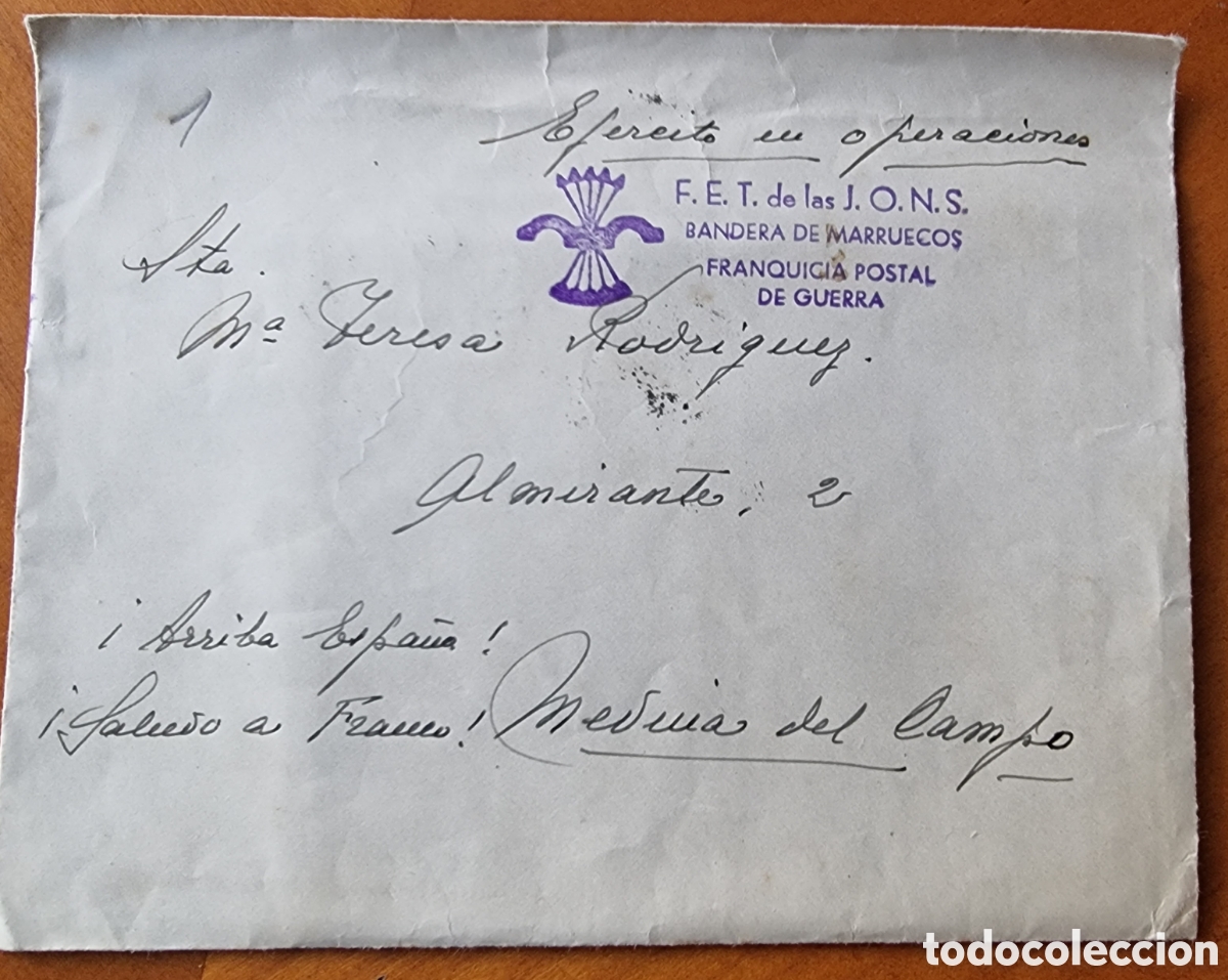 Documentos antiguos: Sobre Guerra Civil Medina del Campo Valladolid Bandera de Marruecos con carta R10246