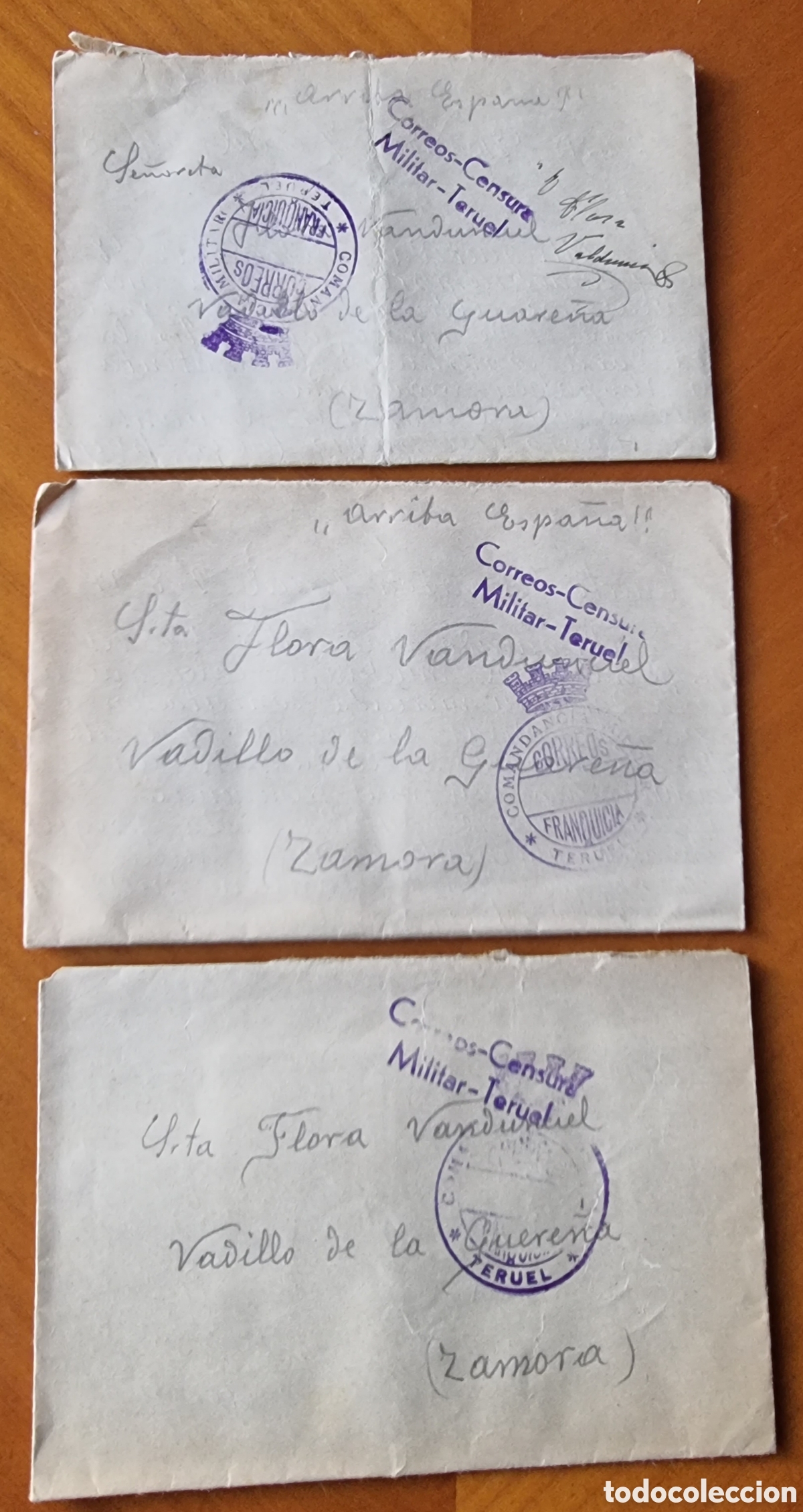 Documentos antiguos: Guerra Civil Frente de Teruel Puerto Escandon 3 cartas originales Bandera de Falange R10249