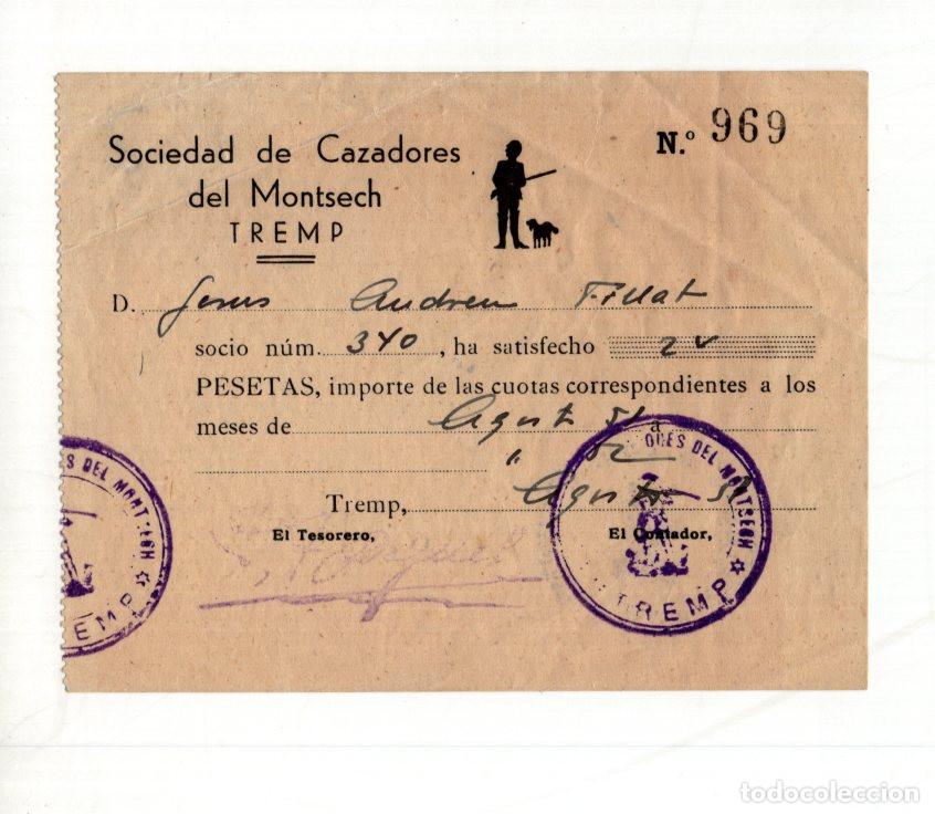 Documents Anciens: RECIBO 1920 CAZADORES MONTSECH TREMP. DOCUMENTO HIST&Oacute;RICO CAZA L&Eacute;RIDA. COLECCIONISMO RURAL.