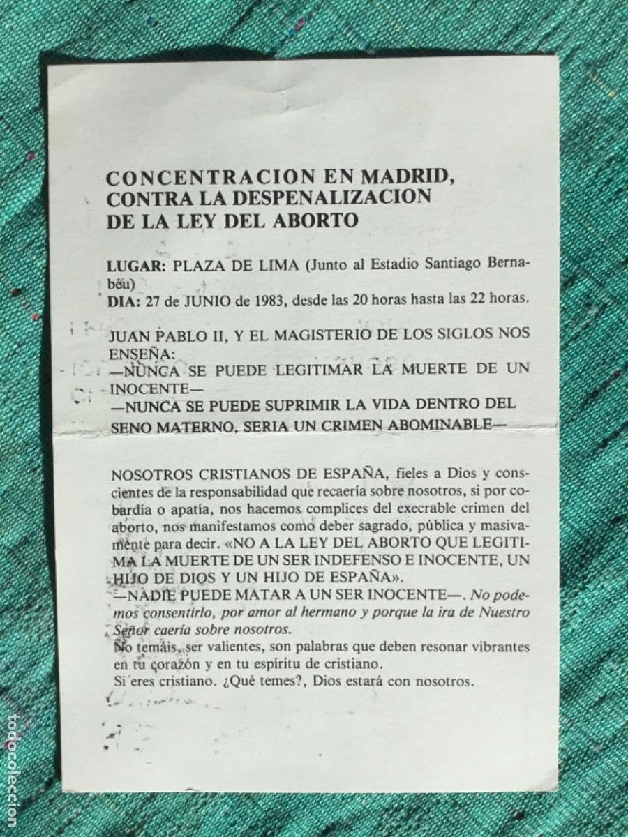 Documentos antigos: FLYER PASQUIN // NO A LA LEY DEL ABORTO // A&Ntilde;OS 80 // ORIGINAL DE EPOCA //