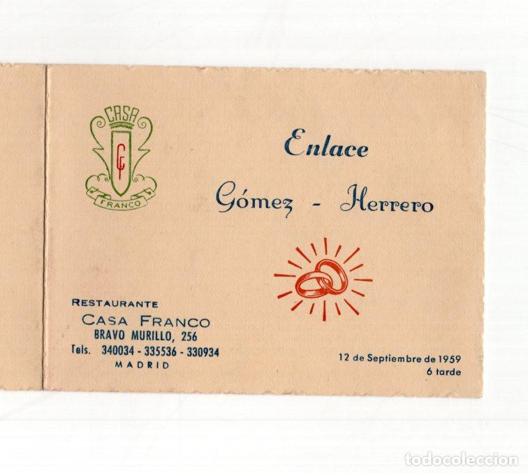 Alte Dokumente: MEN&Uacute; BODA G&Oacute;MEZ-HERRERO (1959). CASA FRANCO, MADRID. INCLUYE DEDICATORIA MANUSCRITA DE LA &Eacute;POCA.