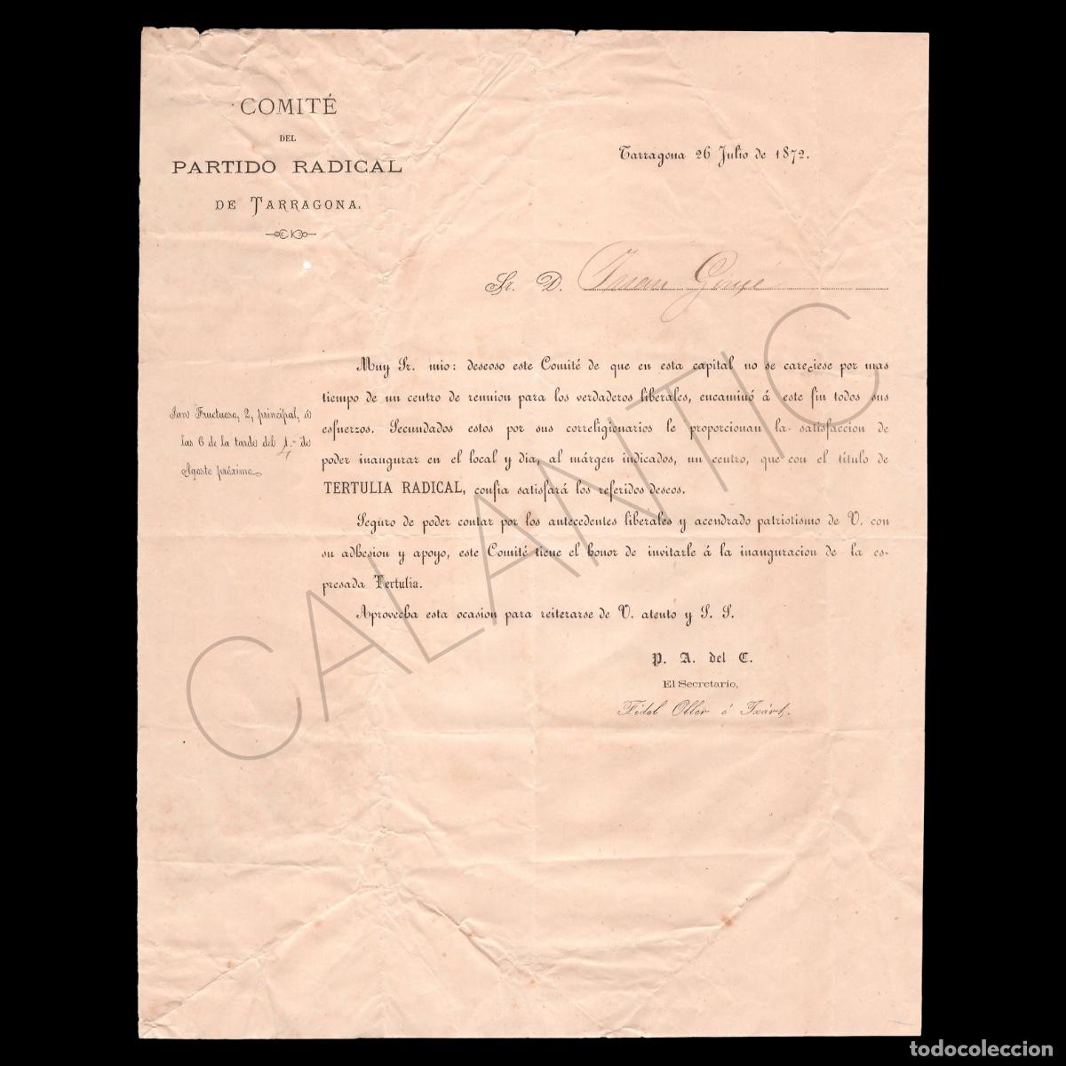 Documentos antiguos: Comit&eacute; del Partido Radical de Tarragona &ndash; Tertulia Radical &ndash; 1872 &ndash; Fidel Oller &ndash; Narc&iacute;s Oller