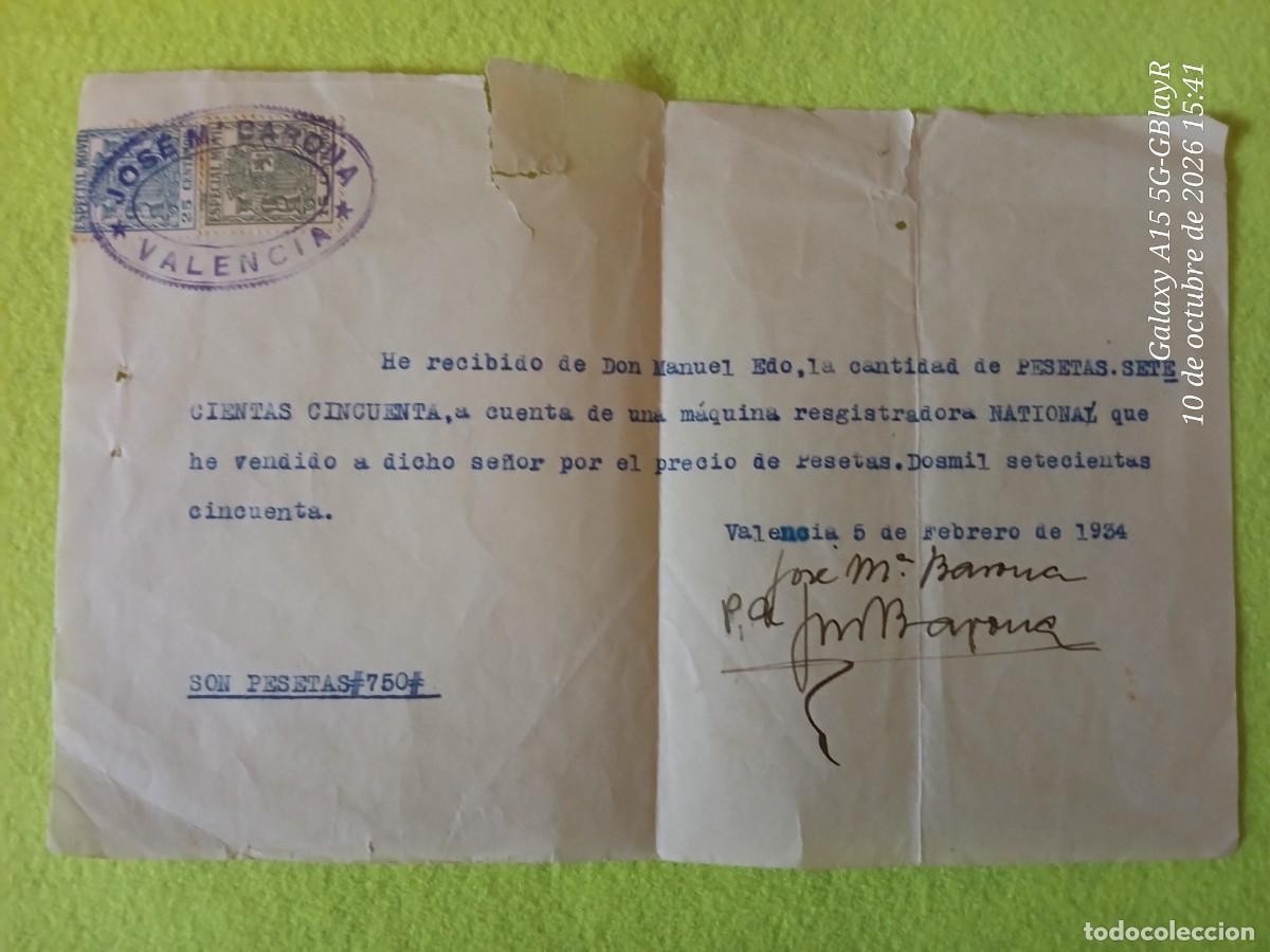 Documentos antiguos: Recibo por registradora National,1934,con 2 timbres Especial M&oacute;vil con escudo republicano.
