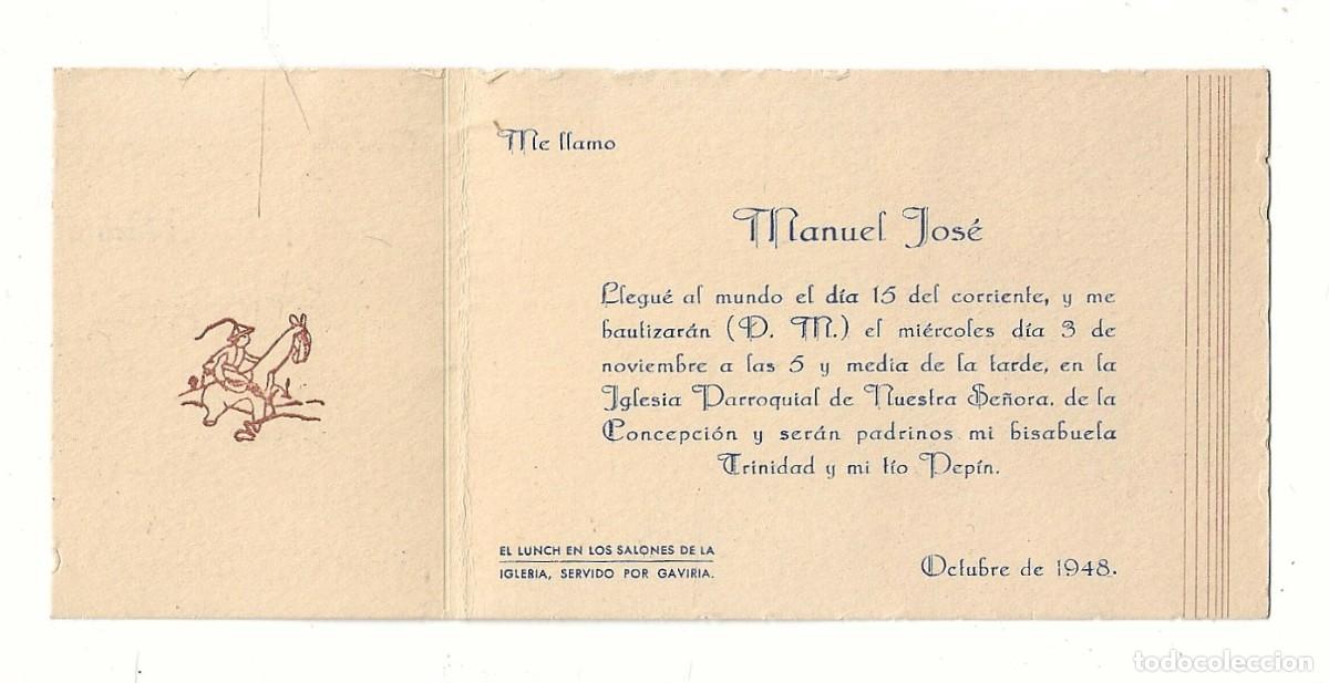 Documentos antiguos: TARJETA DE INVITACION BAUTISMO DE MANUEL JOSE, HIJO DEL TORERO MANOLO MARTIN-VAZQUEZ EN 1948