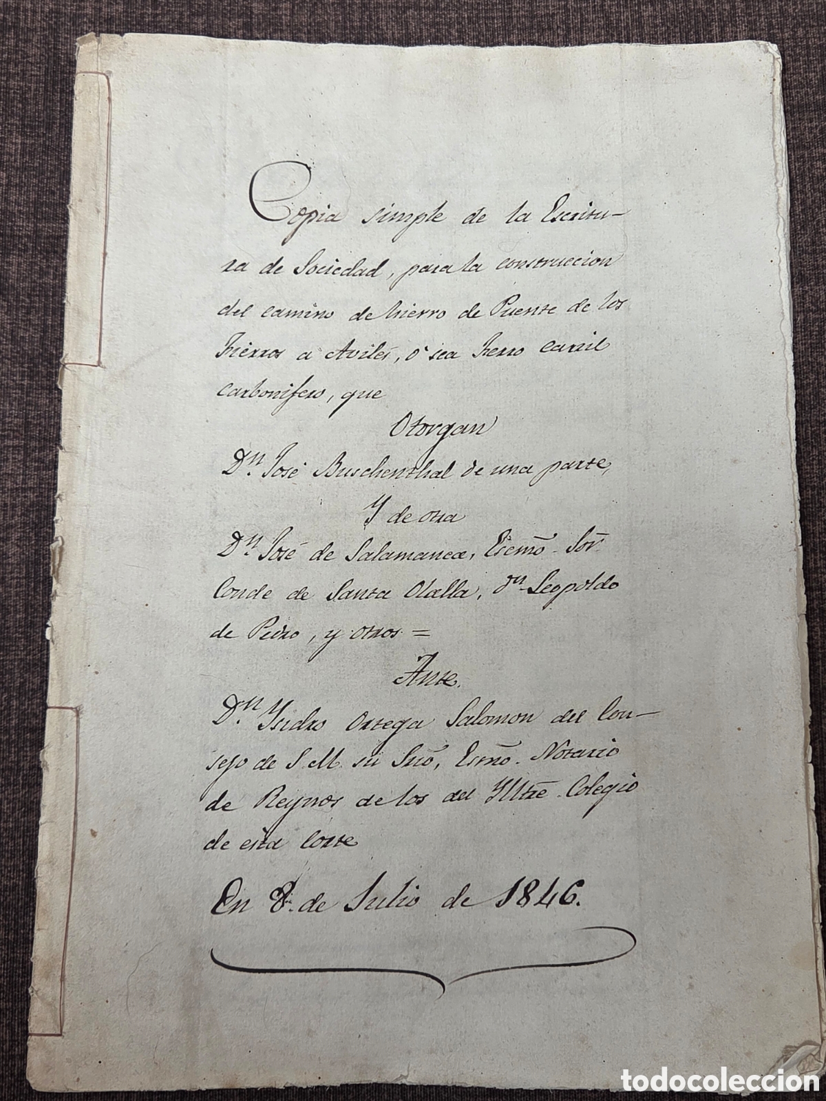 Old Documents: 1846 ESCRITURA SDAD. CONSTRUCCI&Oacute;N CAMINO DE HIERRO (ferrocarril) de Fierros a Avil&eacute;s.