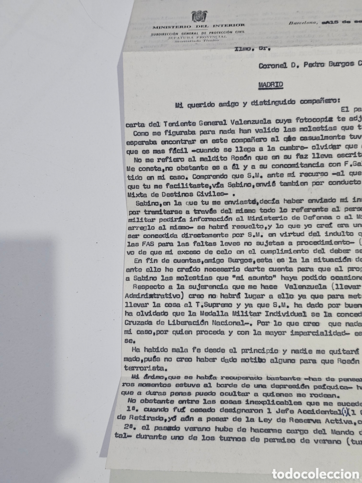 Documentos antiguos: ​Documento Transici&oacute;n (1981): Carta Jefatura Barcelona a Coronel Burgos, Valenzuela