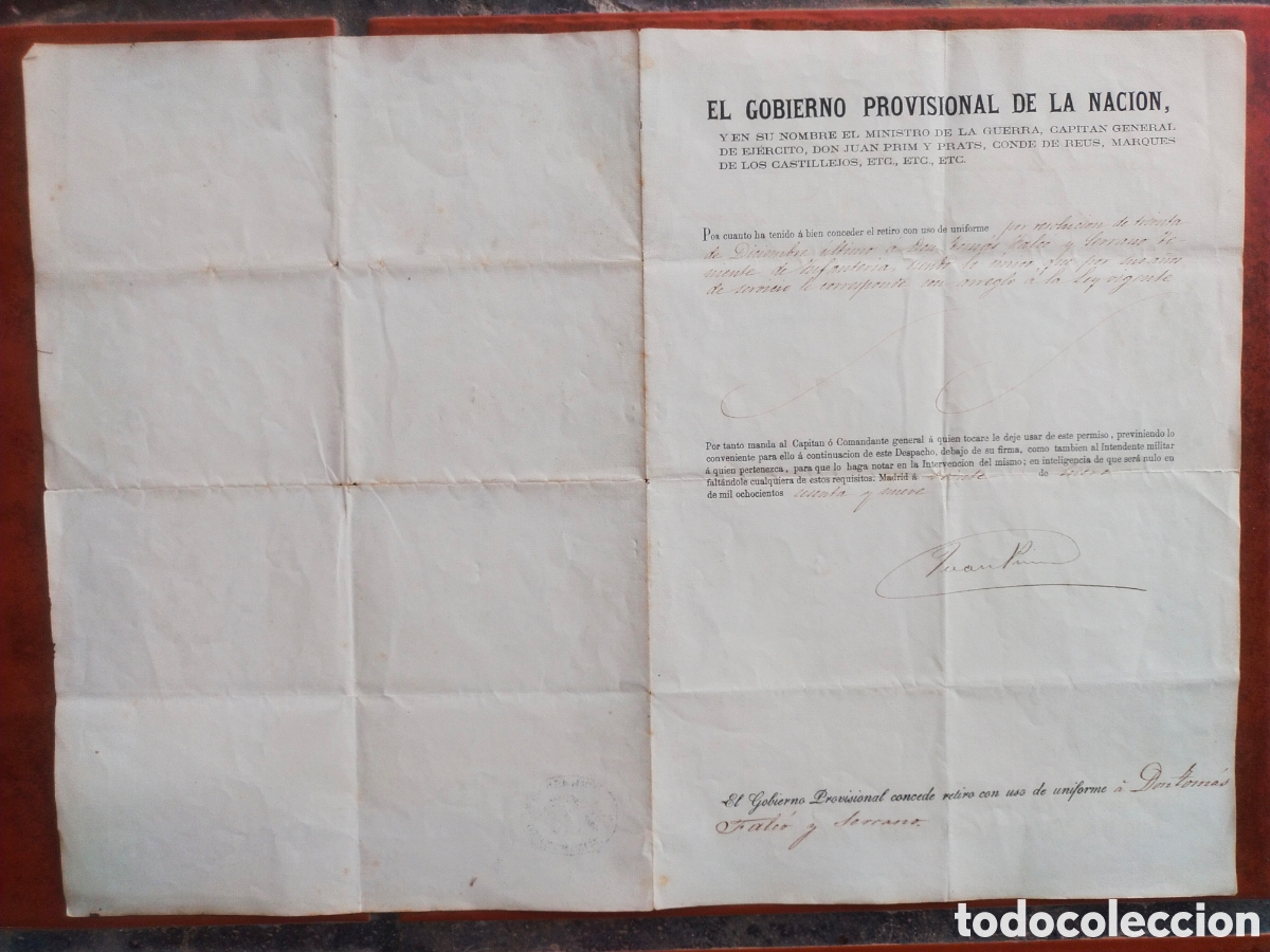 Documentos antiguos: Documento firmado Juan Prim y Rafael Primo de Rivera Capitan Gral Valencia 1869 Marca Agua ARomaniT
