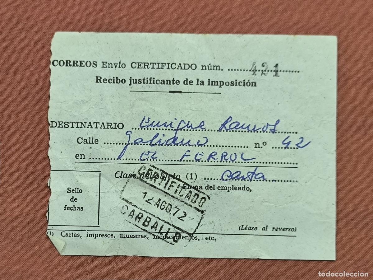 Documenti antichi: Antiguo Recibo Certificado Correos 1972 Documento Antiguo Coleccionismo de Papel