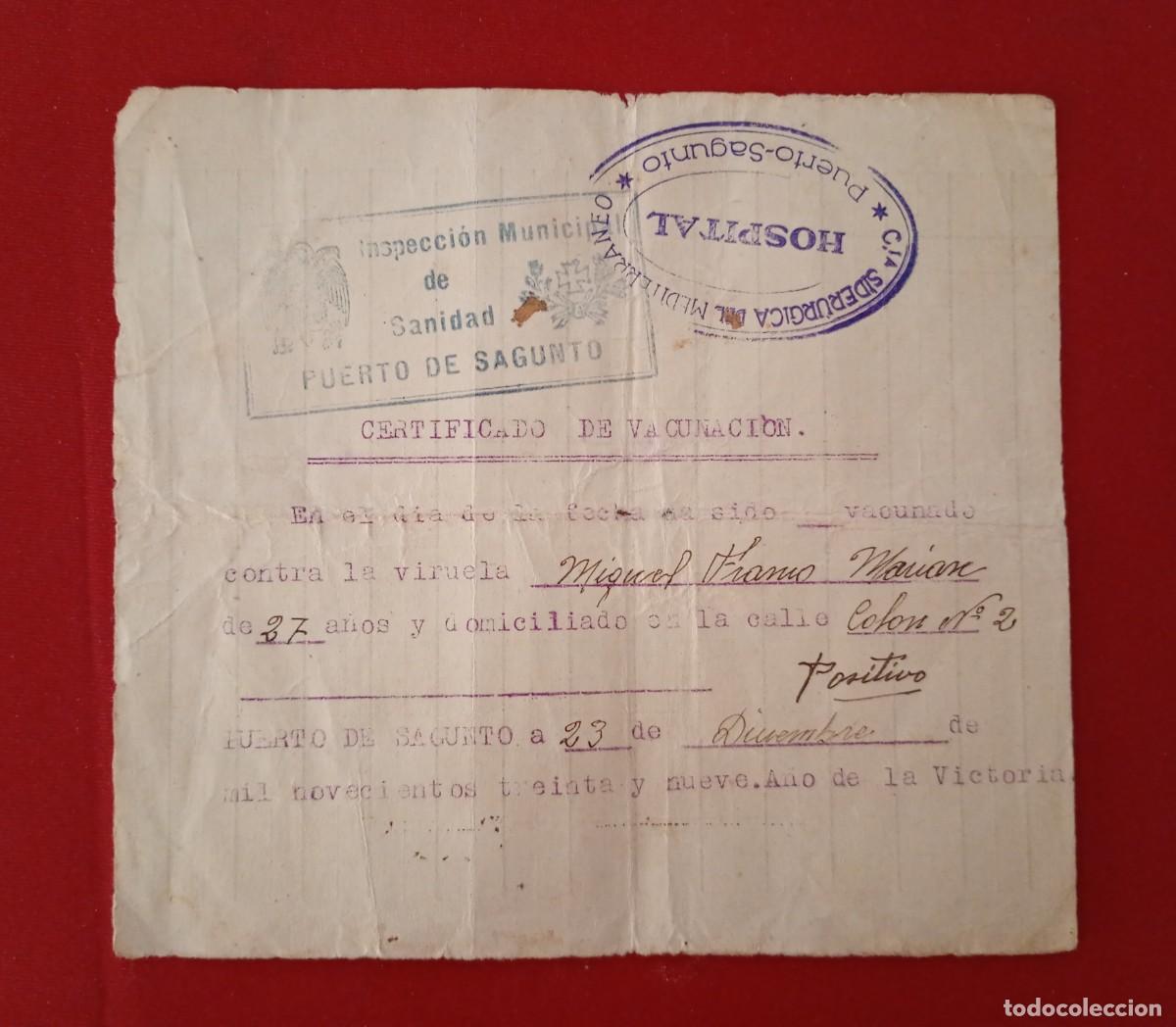 Documentos antiguos: PUERTO DE SAGUNTO. SIDERURGICA MEDITERRANEO. CERTIFICADO VACUNACI&Oacute;N VIRUELA, 1939.
