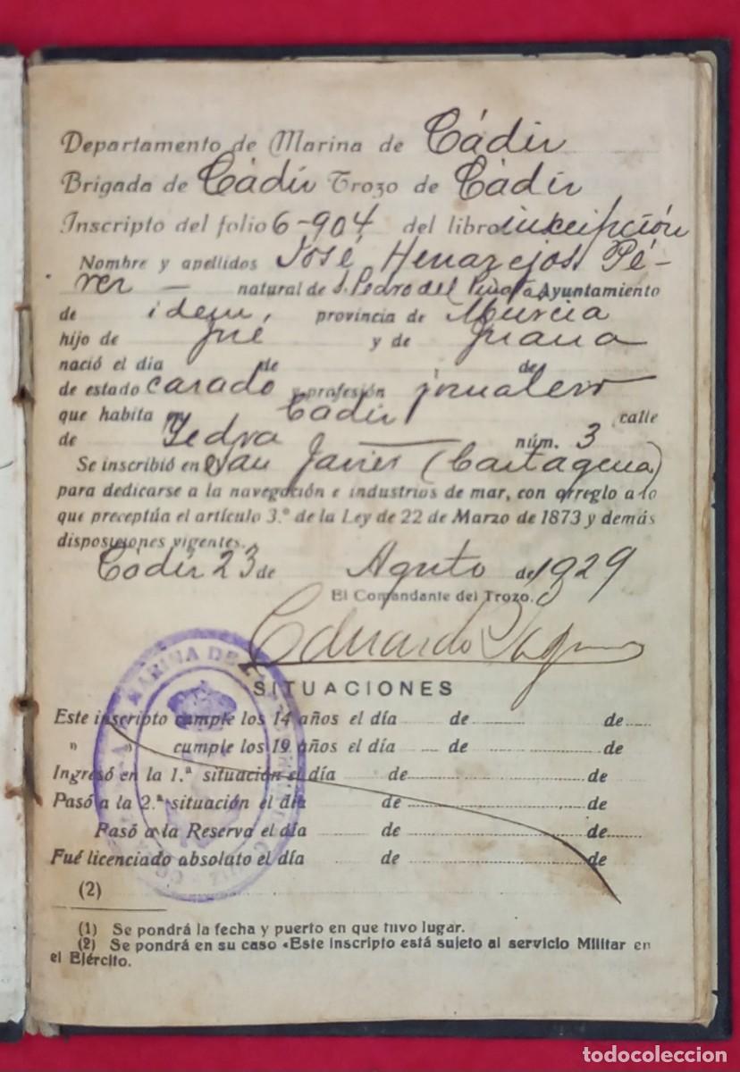 Documentos antiguos: LIBRETA DE INSCRIPCION MARITIMA - CADIZ 1929 - Foto 2