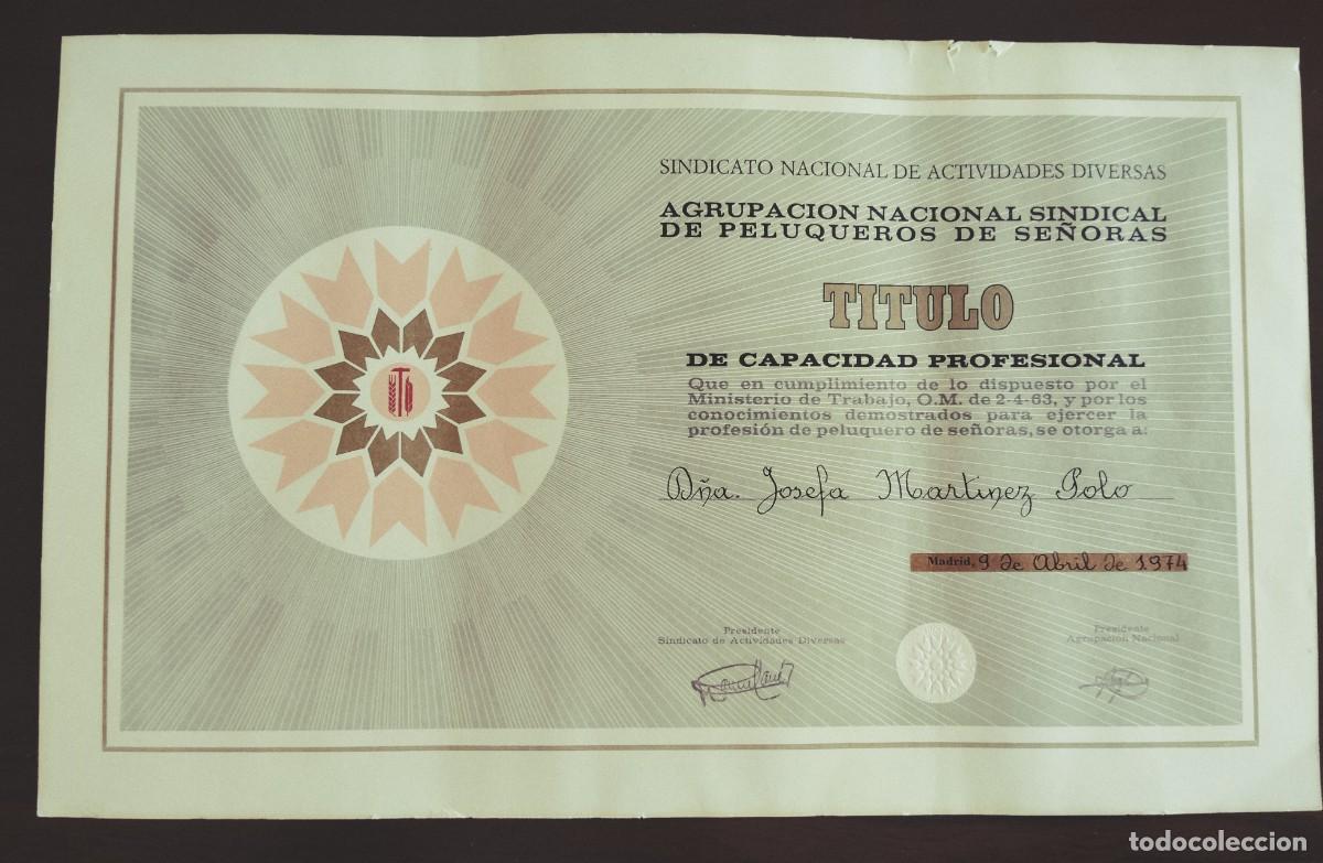 Documentos antiguos: DIPLOMA NACIONAL SINDICAL.PELUQUEROS DE SE&Ntilde;ORAS. 1974. ENVIO CERTIFICADO INCLUIDO.