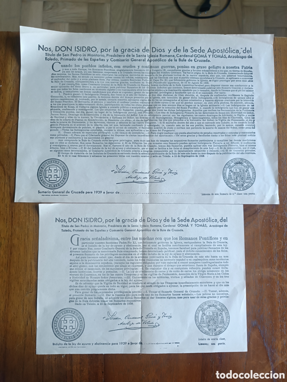 Documentos antigos: 2 IMPRESOS DE BULA / INDULTO DE LA LEY DE AYUNO Y ABSTINENCIA A&Ntilde;O 1939/ SIN RELLENAR