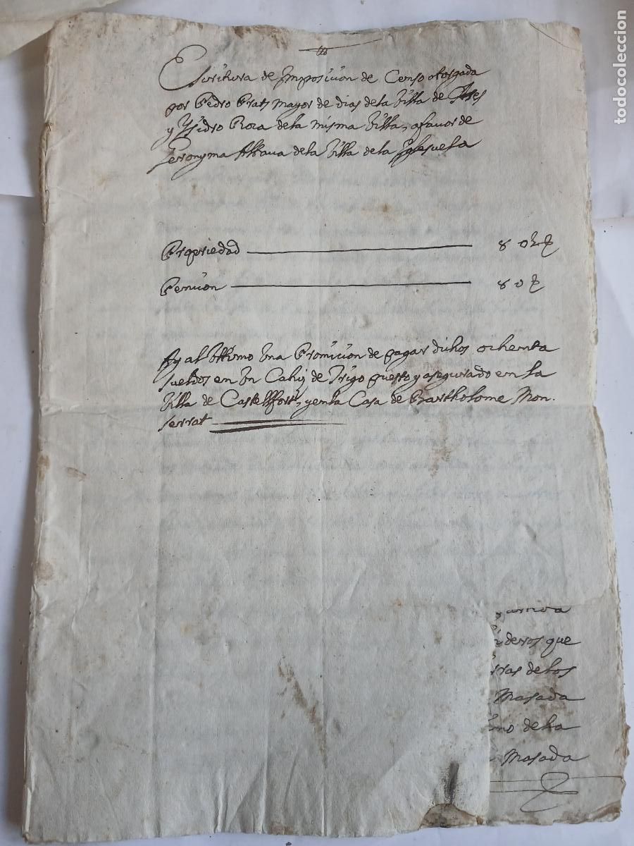 Alte Dokumente: Manuscrito censo P Prados I Roca Ares Maestre e Iglesuela Castellon 1716 resellado