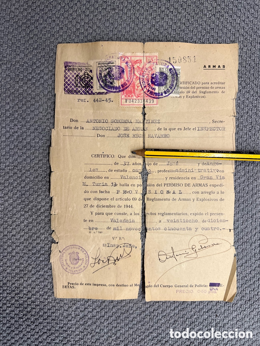 Old Documents: VALENCIA. Certificado permiso de Armas.. (a.1954) Sellos fiscales y timbres. Originales &eacute;poca