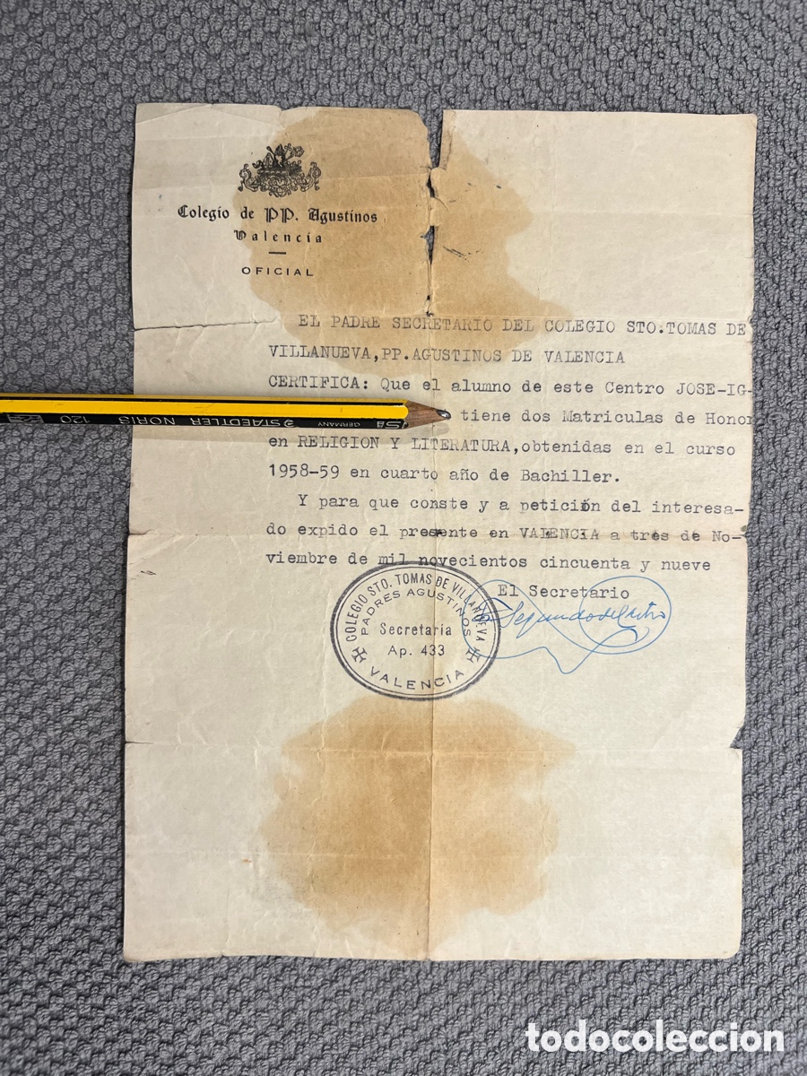 Old Documents: VALENCIA. Colegio Santo Tom&aacute;s de Villanueva. Padres Agustinos.. certificado Matr&iacute;cula Honor (a.1959)