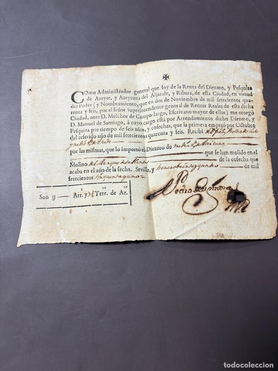 Documentos antiguos: SEVILLA, 1751. CONTRATO DE ARRENDAMIENTO POR MOLIENDA DE ACEITE.