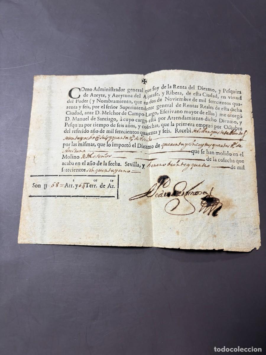 Documentos antiguos: SEVILLA, 1751. CONTRATO DE ARRENDAMIENTO POR MOLIENDA DE ACEITE.