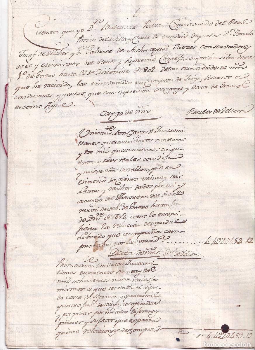 Documentos antiguos: REAL P&Oacute;SITO DE MADRID. CUENTAS DEL PAGO DE TRIGO DESDE 1 DE ENERO A 31 DE DICIEMBRE DE 1808.