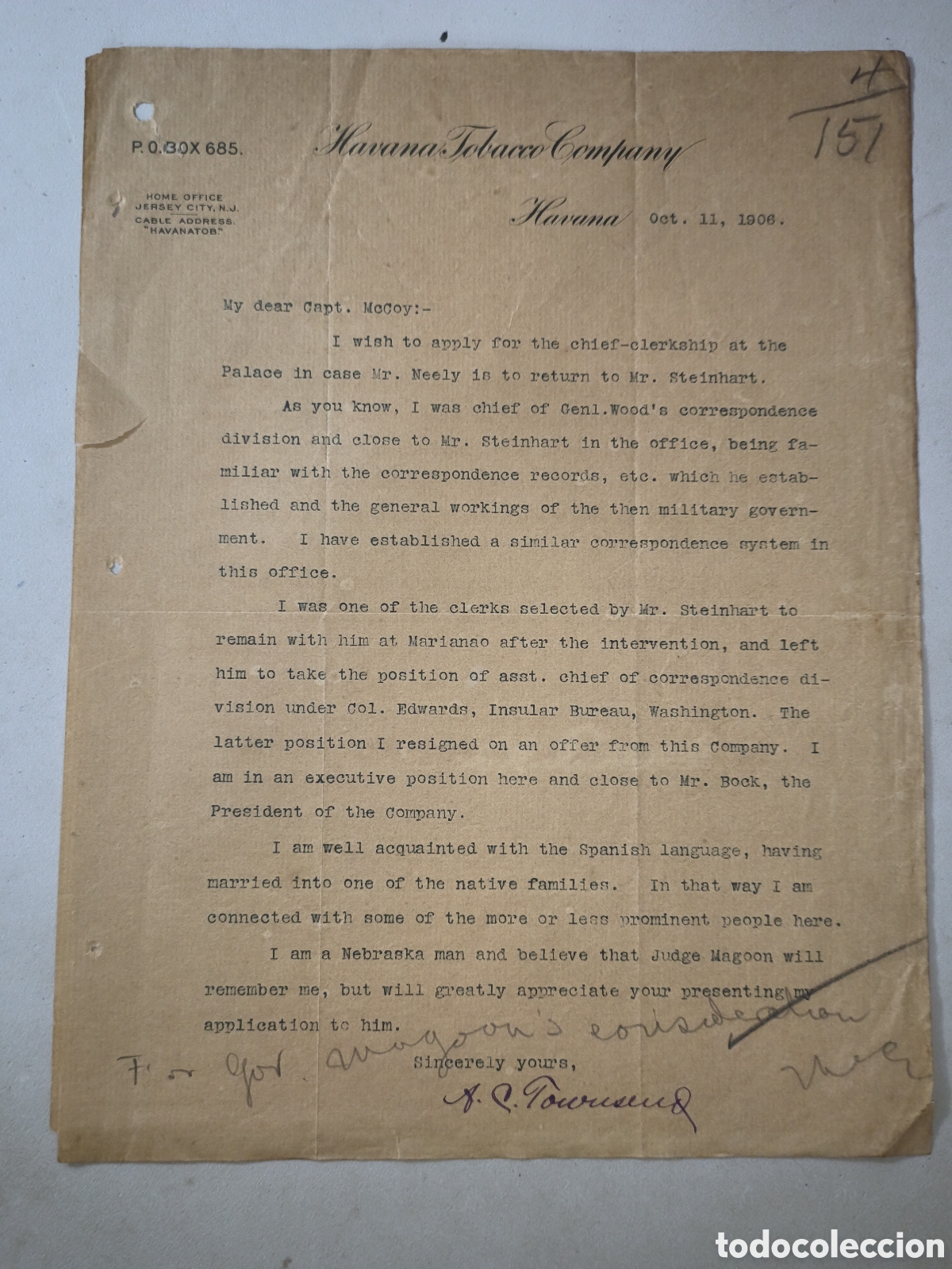 Documentos antiguos: Cuba intervenci&oacute;n, documento Havana Tobacco a Charles Magoon,a&ntilde;o 1906.