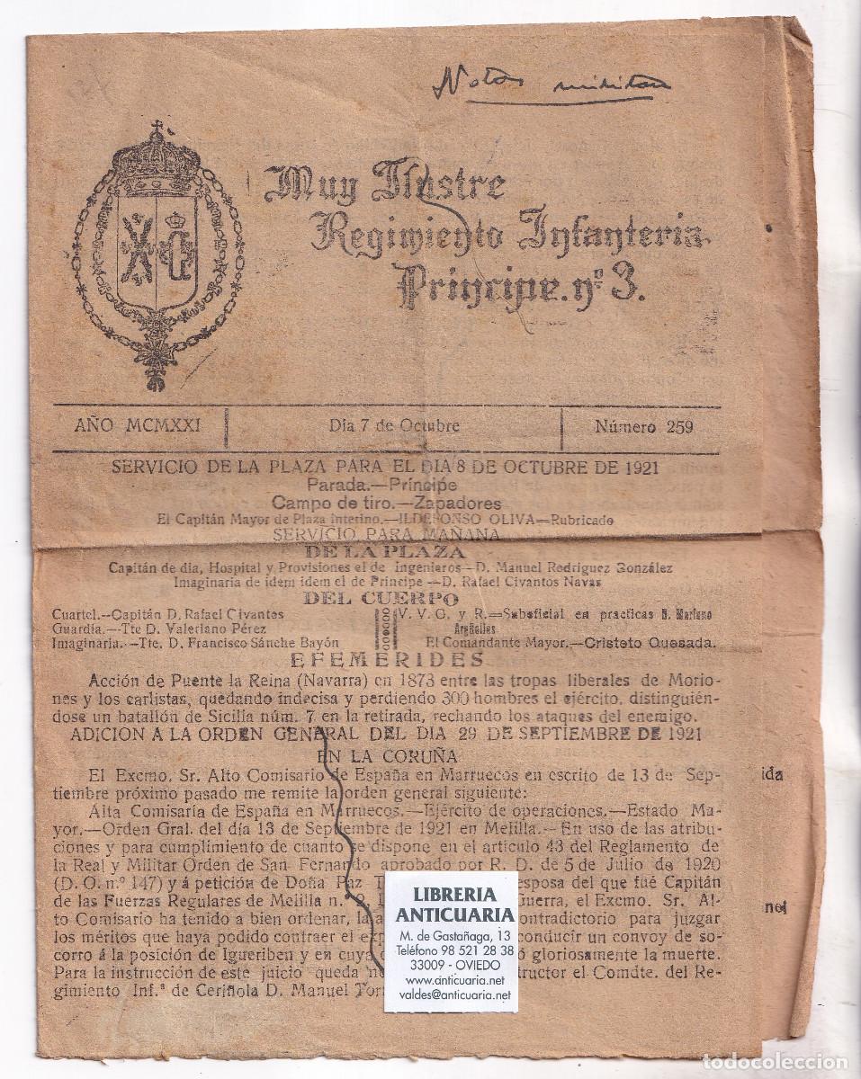 Old Documents: REGIMIENTO DE INFANTER&Iacute;A PR&Iacute;NCIPE N&ordm; 3. BOLET&Iacute;N DEL D&Iacute;A 7 DE OCTUBRE DE 1921. ASTURIAS