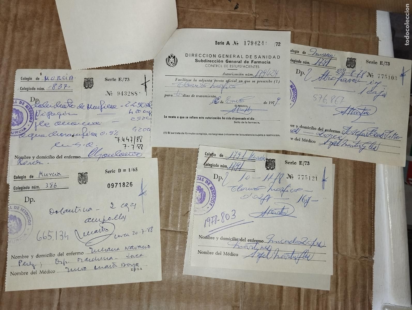 Documentos antiguos: Note de recetas de estupefacientes morfina farmacia Lorca Murcia