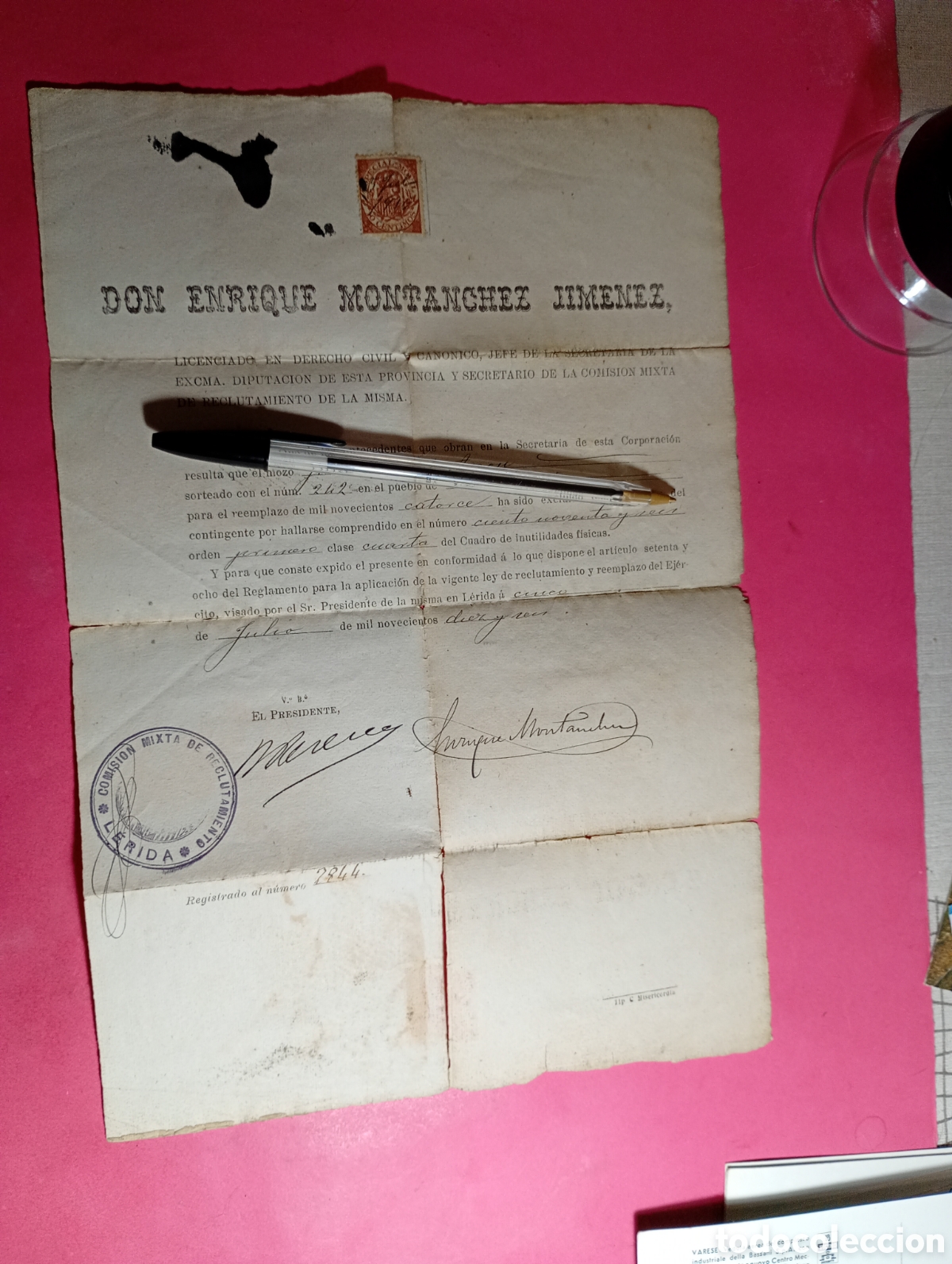 Alte Dokumente: LLEIDA LERIDA D. ENRIQUE.... 1914/16 EXCLUSION FILAS COMISION MIXTA RECLUTAMIENTO