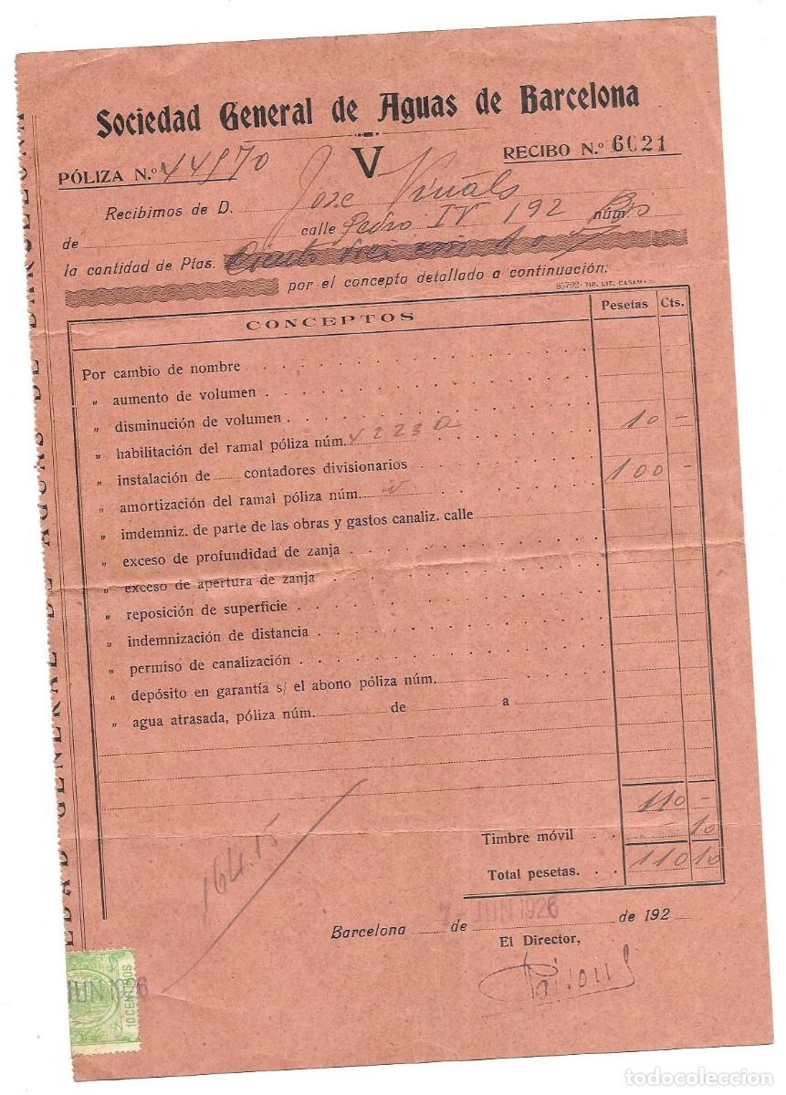 Documentos antiguos: Rebut de la p&ograve;lissa de la &rdquo;Sociedad General de Aguas de Barcelona&rdquo;, Juny 1926