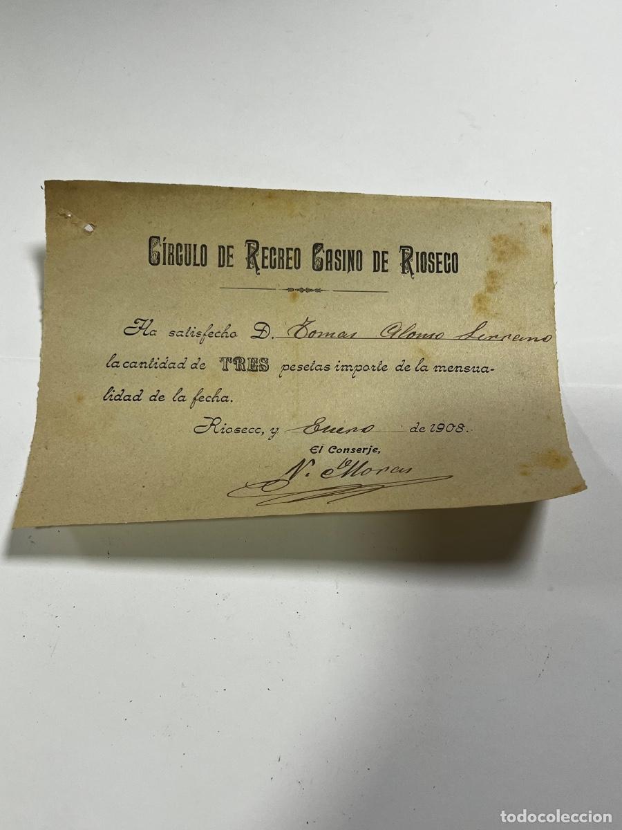 Documentos antiguos: MEDINA DE R&Iacute;OSECO. 1908. C&Iacute;RCULO DE RECREO. RECIBO MENSUAL. - Foto 1