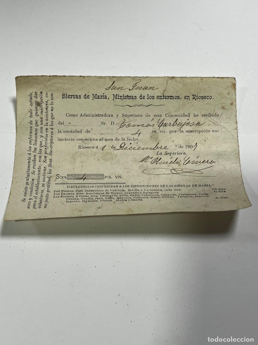 Documentos antiguos: MEDINA DE R&Iacute;OSECO. 1907. SIERVAS DE MAR&Iacute;A, MINISTRAS DE LOS ENFERMOS. RECIBO MENSUAL.