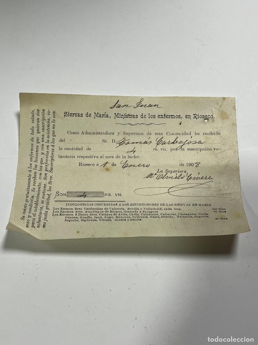 Documentos antiguos: MEDINA DE R&Iacute;OSECO. 1908. SIERVAS DE MAR&Iacute;A, MINISTRAS DE LOS ENFERMOS. RECIBO MENSUAL.