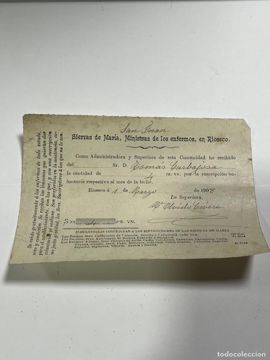 Documentos antiguos: MEDINA DE R&Iacute;OSECO. 1908. SIERVAS DE MAR&Iacute;A, MINISTRAS DE LOS ENFERMOS. RECIBO MENSUAL.