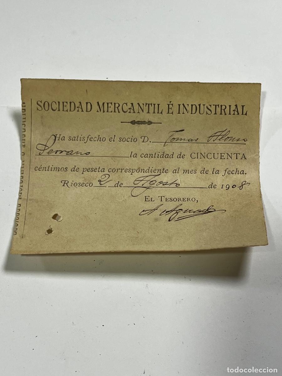 Documentos antiguos: MEDINA DE R&Iacute;OSECO. 1908. SOCIEDAD MERCANTIL E INDUSTRIAL. RECIBO MENSUAL.