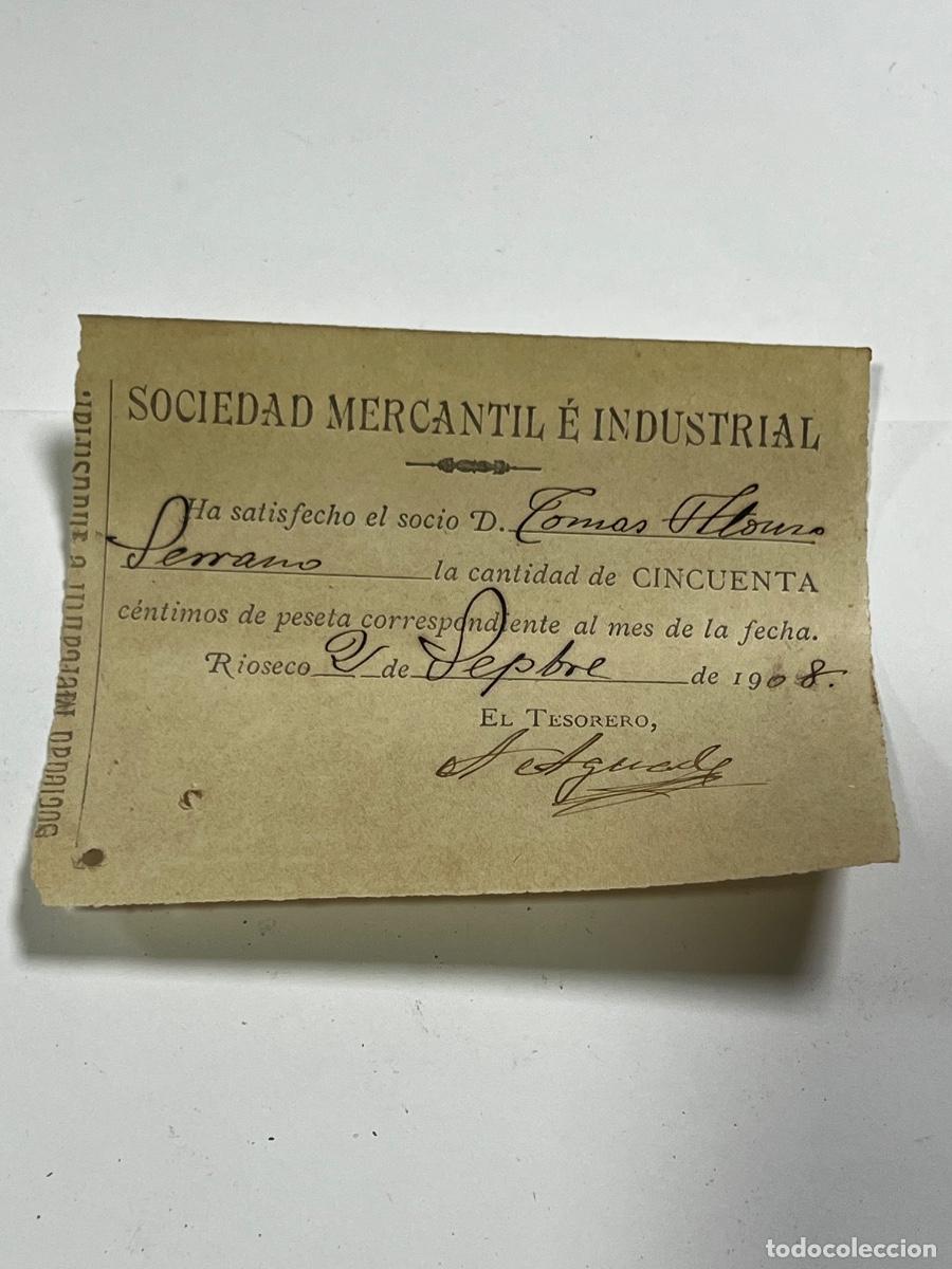 Documentos antiguos: MEDINA DE R&Iacute;OSECO. 1908. SOCIEDAD MERCANTIL E INDUSTRIAL. RECIBO MENSUAL.