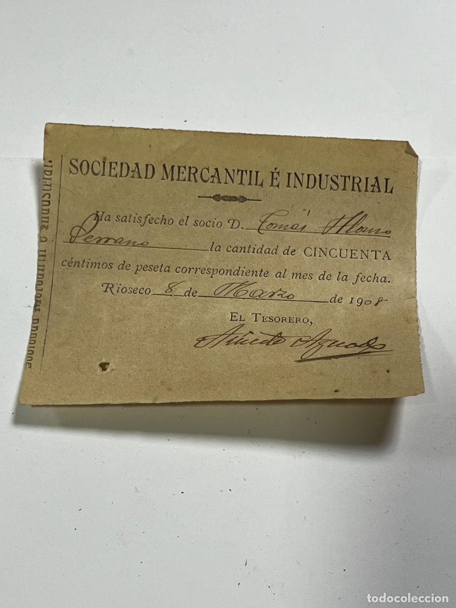 Documentos antiguos: MEDINA DE R&Iacute;OSECO. 1908. SOCIEDAD MERCANTIL E INDUSTRIAL. RECIBO MENSUAL.