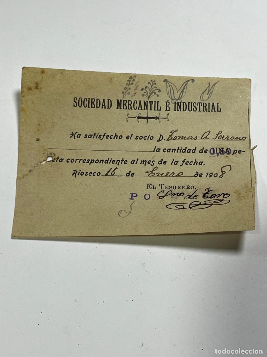 Documentos antiguos: MEDINA DE R&Iacute;OSECO. 1908. SOCIEDAD MERCANTIL E INDUSTRIAL. RECIBO MENSUAL.