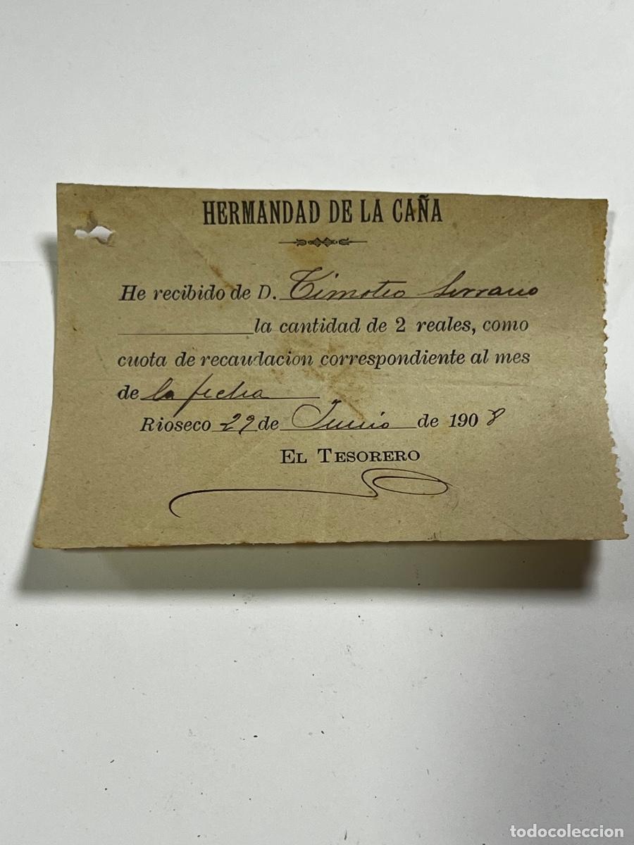 Documentos antiguos: MEDINA DE R&Iacute;OSECO. 1908. HERMANDAD DE LA CA&Ntilde;A. RECIBO MENSUAL.