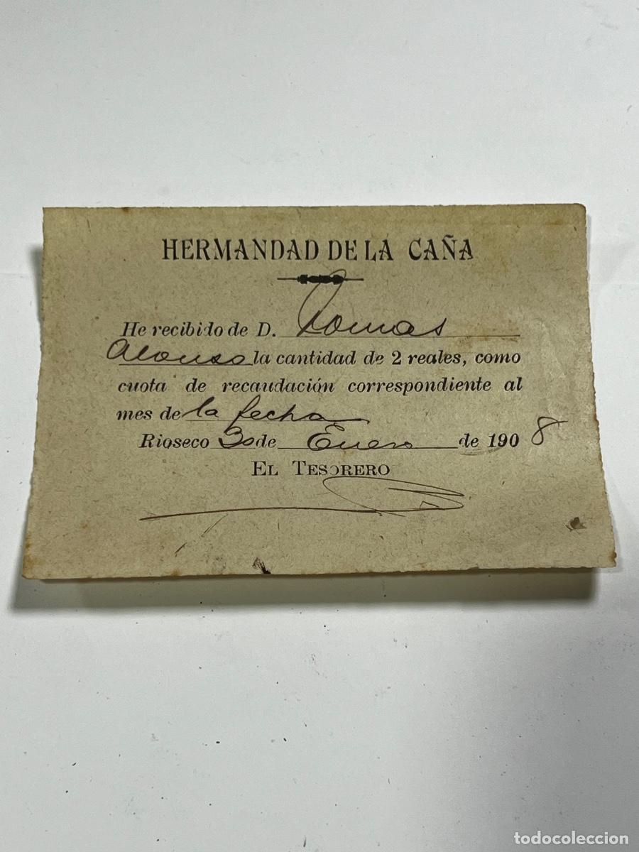 Documentos antiguos: MEDINA DE R&Iacute;OSECO. 1908. HERMANDAD DE LA CA&Ntilde;A. RECIBO MENSUAL.