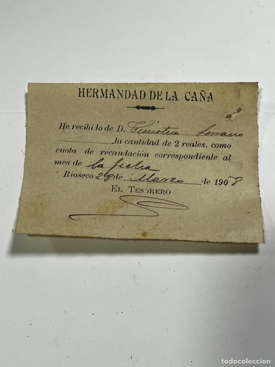 Documentos antiguos: MEDINA DE R&Iacute;OSECO. 1908. HERMANDAD DE LA CA&Ntilde;A. RECIBO MENSUAL.