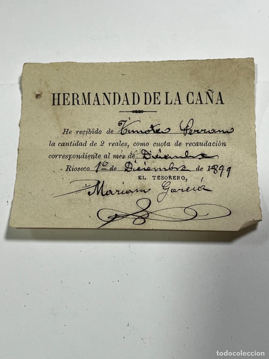 Documentos antiguos: MEDINA DE R&Iacute;OSECO. 1908. HERMANDAD DE LA CA&Ntilde;A. RECIBO MENSUAL.