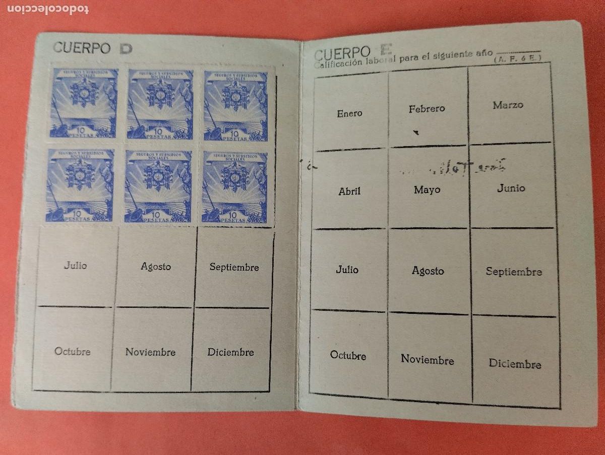 Documents Anciens: HOJA DE COTIZACION PARA EL REGIMEN DE SUBSIDIOS Y SEGUROS SOCIALES CON 6 VI&Ntilde;ETAS. ZARAGOZA 1954