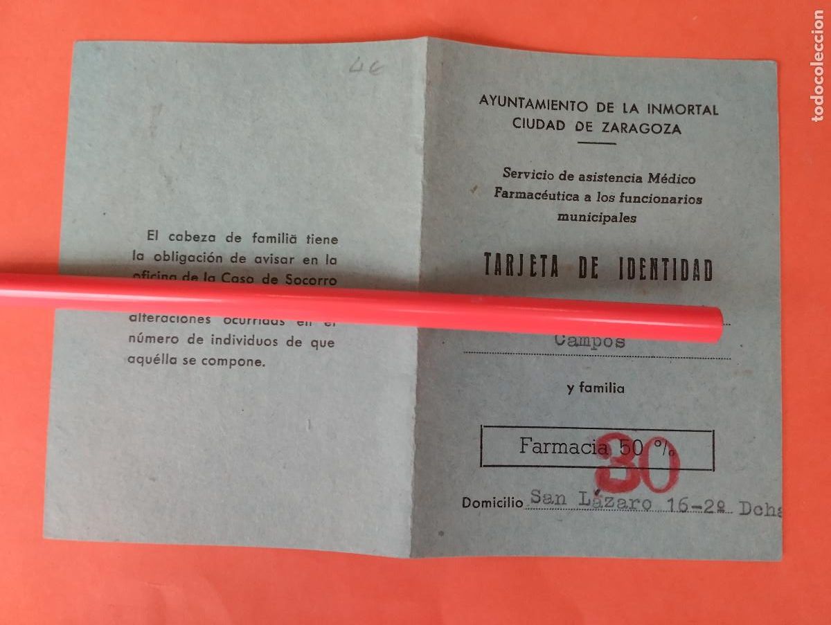 Documents Anciens: Tarjeta identidad AYUNTAMIENTO ZARAGOZA M&Eacute;DICO FARMACIA